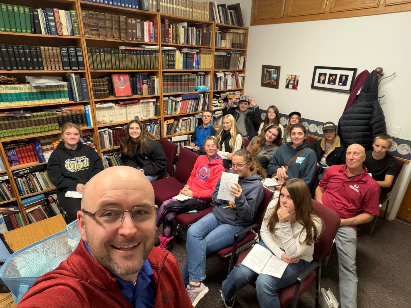 A Bible study class meeting in the church library
